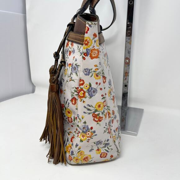 Patricia Nash Leather Poppy Tote Mini Meadows Floral‎ Print Brown Trim Tassels - Picture 6 of 14